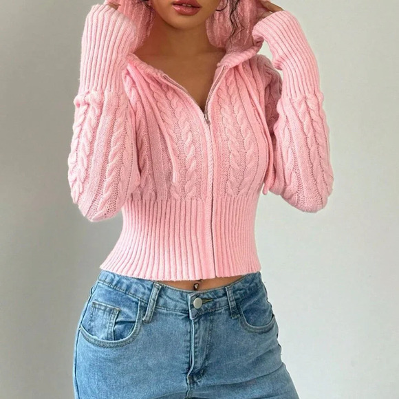 Pink Casual Women's Drawstring Hooded Cardigan - Picture 3 of 5